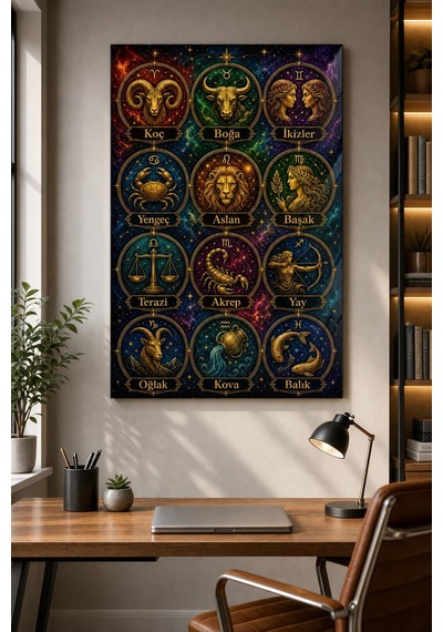Burçlar Desenli Baskılı Cam Tablo Uv Baskı Astroloji Dekoratif Duvar Tablosu