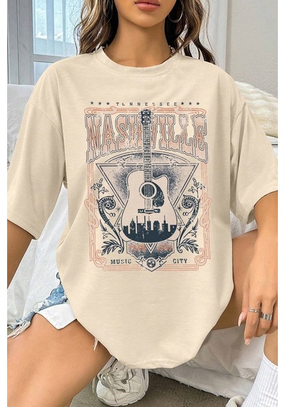 Unisex Music City Baskılı Oversize Tshirt Siyah