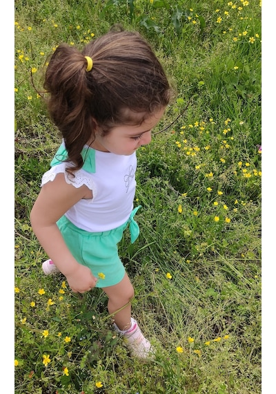Novy Baby Fiyonklu Taş Baskılı Tshirt Şortlu Kız Çocuk 2'li Takım 2-5 Yaş