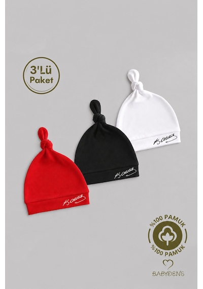Babyden's Atatürk İmzalı Yenidoğan Bebek Şapka Seti 3 Lü Paket %100 Pamuklu Unisex Bebek Bere Takımı Beyaz - Kırmızı - Siyah