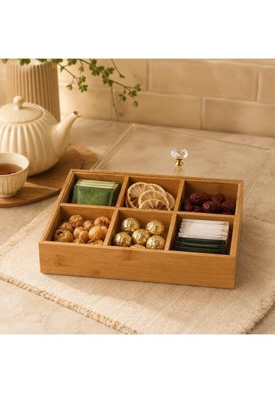 6 Bölmeli Bambu Organizer Kutusu, Şeffaf Kapaklı Çay Ve Takı Düzenleyici Diğer