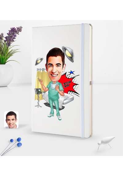 Kişiye Özel Erkek Cerrah Karikatürlü Beyaz Termo Deri Defter 16X2