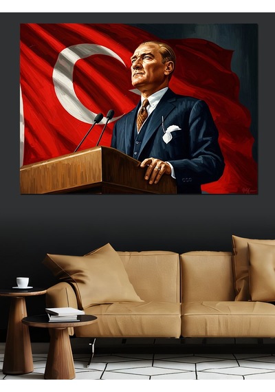 Ahşap Tablo Türk Bayrağı Önünde Atatürk Portresi İstanbul Tabloları