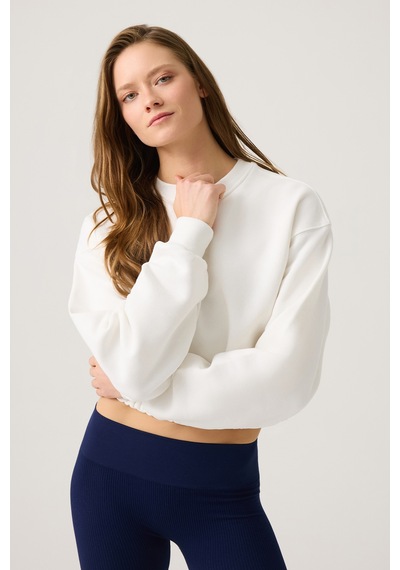 Los Ojos Ekru Geniş Kalıp Beli Büzgülü Crop Sweatshirt Cropped Pullover Ekru Ekru