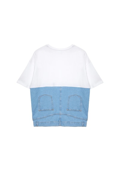 Ollacollection Denim Detaylı Kısa Kol Tişört Ekru
