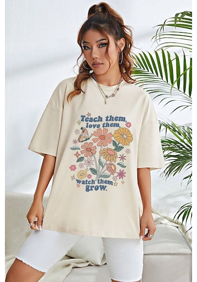 Uyguntarz Unisex Flowers Baskılı Oversize Tshirt Bej
