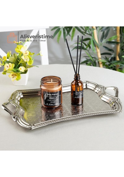 Alisveristime Osmanlı Motifli Dikdörtgen Metal Servis Tepsisi Kulplu 2 Kişilik Sunum Tepsisi, 37 X 23 Cm, 373 G,