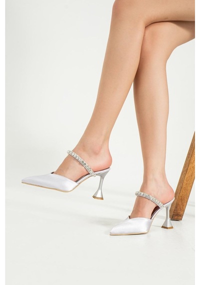 Duxal Shoes Turuncu Saten Taş Detaylı Topuklu Ayakkabı GÜMÜŞ