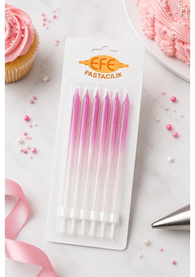 Metalik Beyaz Fuşya Uzun Pasta Mumu 17 Cm Karışık