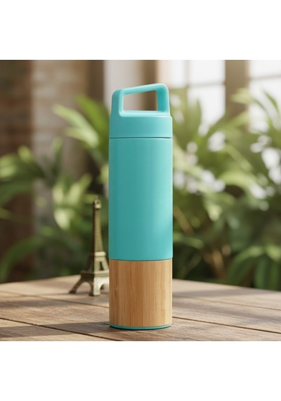 600 Ml Bambu Tabanlı Kulplu Çelik Termos Mug - 5 Renk Seçenekli Sıcak/soğuk Tutucu Seyahat Bardağı Turkuaz Diğer