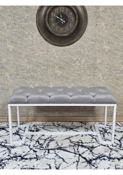Zafir Beyaz Boyalı - L - Ayaklı 100 Cm X 38 Cm Oturak - Bench - Makyaj Taburesi - Makyaj Oturak Gri