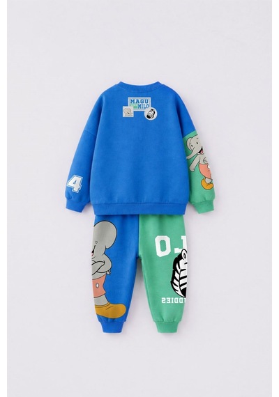 Çocuk Magu Ve Milo Baskılı Mavi Yeşil Sweatshirt Ve Eşofman Altı Takımı Çok Renkli