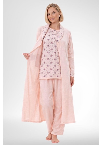 Mecit Pijama Mecit 6316 Pudra Kadın Büyük Beden Sabahlıklı Pijama Takımı Pudra