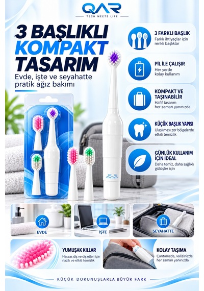 Elektrikli Masajlı Diş Fırçası 3 Başlıklı Yumuşak Kıllı Ağız Bakım Fırçası