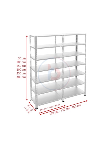 Raf Burada  7 Katlı Duble Galvaniz Çelik Raf - Depo, Arşiv, Kiler, Dosya, Market Rafı-43x75 cm-150 cm-1.00 mm