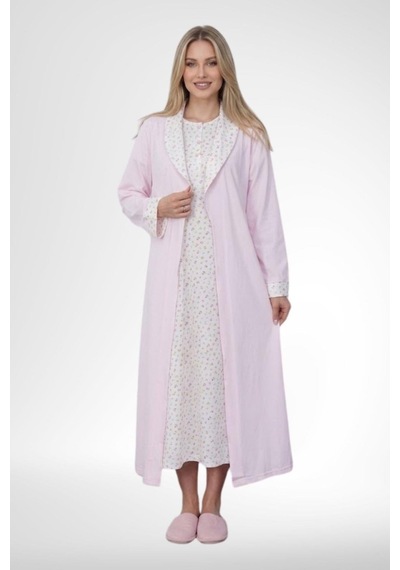 Mecit Pijama Mecit 6383 Pembe Kadın Uzun Sabahlıklı Kısa Kollu Gecelik Takımı