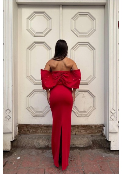 DefyModa Kadın Esnek Tül Kumaş Straplez Abiye Elbise Kırmızı