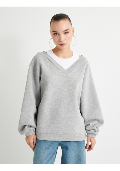 Koton Rahat Kalıp Atlet Detaylı Uzun Kollu Bisiklet Yaka Şardonlu Sweatshirt Gri Melanj 7wal10050ık