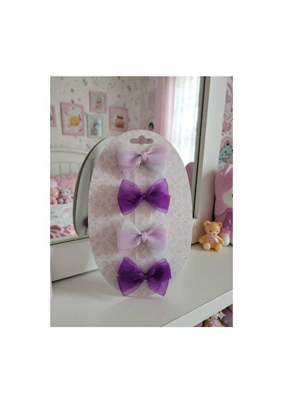 Kız Çocuk Bebek Mor Tül Organze Doğum Günü Hediye Prenses Klips Toka Seti Pembe
