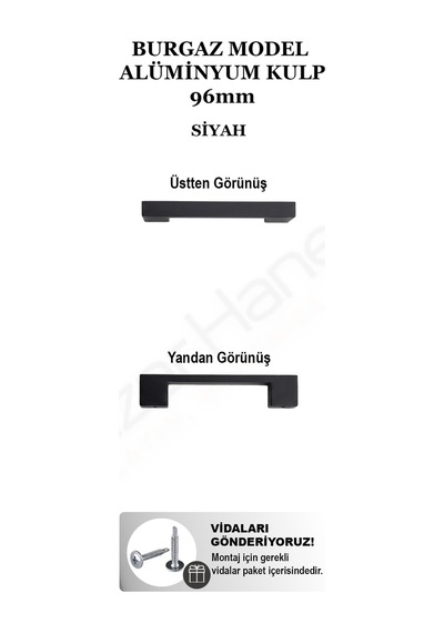 Burgaz Model Alüminyum Lüks Mobilya Dolap Çekmece Kulpu - Siyah 96/128/160/192/224mm Ölçü Seçenekleri Montaj Vidaları Dahil Siyah 96mm