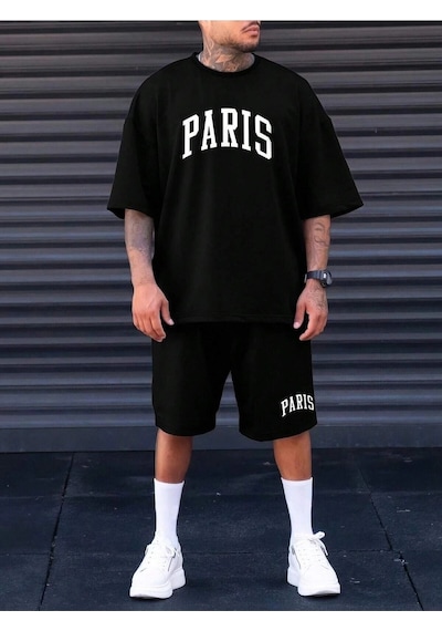Adrift Erkek Siyah Paris Baskılı Oversize Şortlu Takım Ts-parıstkm Siyah