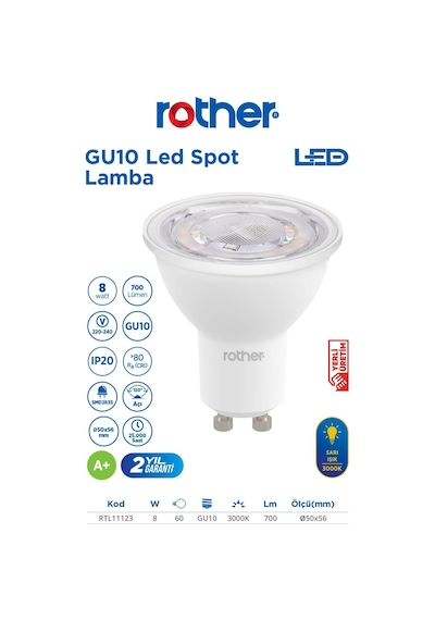 Rtl11123 Rother Gu10 Led Spot Ampul 8w 700 Lümen 3000k Sarı Işık - Enerji Tasarruflu Ampul