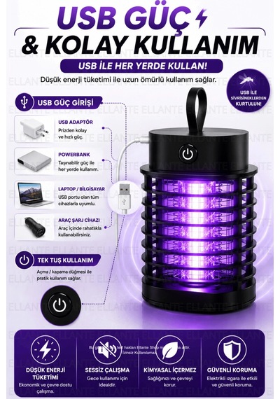 Usb Şarjlı Elektrikli Sivrisinek Öldürücü Lamba Uv Mor Işıklı Sessiz Çalışan Askılı Sinek Kovucu Ev