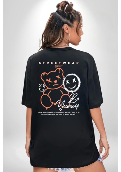 Yükseliş İçin Kendin Ol Siyah Oversize Unisex Ön Ve Sırt Baskılı Tişört Siyah