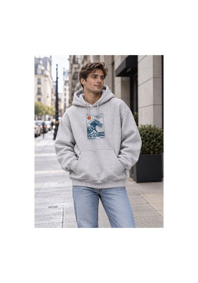 North Whiskers Hokkaido Dalga Baskılı Unisex Hoodie Japon Sanatı Temalı Kapüşonlu Sweatshirt Gri - 929992297 Gri - 929992297 Gri