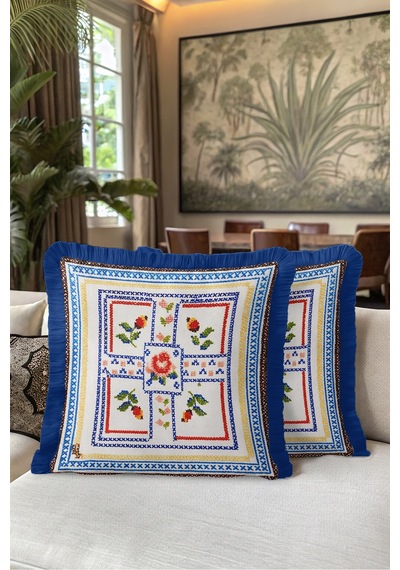 Çiçekli Etnik Motifli Saçaklı Yastık Kılıfı - Otantik Boho Mavi Lacivert Püsküllü Kırlent Kılıfı Sakin Düş Opal