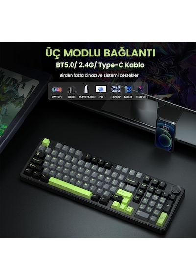 Aula F99 Pro 3 Modlu Rgb Hot Swap Mekanik Graywood V3 Switch Kablosuz Makrolu Gaming Klavye Yeşil