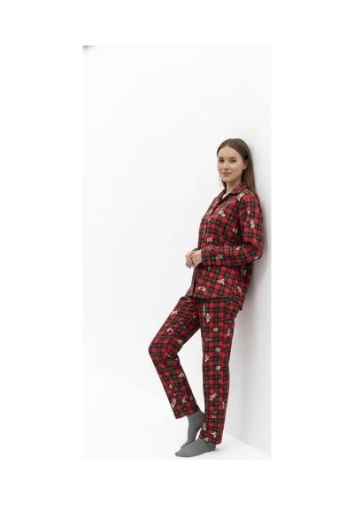 Kadın Kırmızı Ayıcık Desenli Düğmeli Uzun Kollu Pijama Takımı Kırmızı