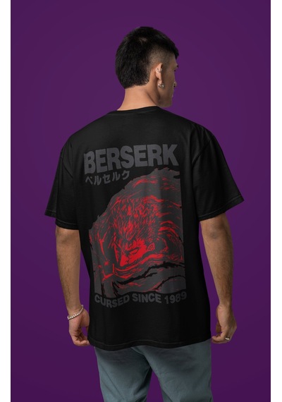 Guts Berserk Sırt Baskılı Unisex Oversize Anime Tişört Siyah