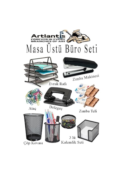 Masa Üstü Ofis Paketi 9 Parça Metal Evrak Rafı Metal Kalemlik Zımba Makinesi Teli Delegeç Çöp Kovası Küp Notluk Siyah