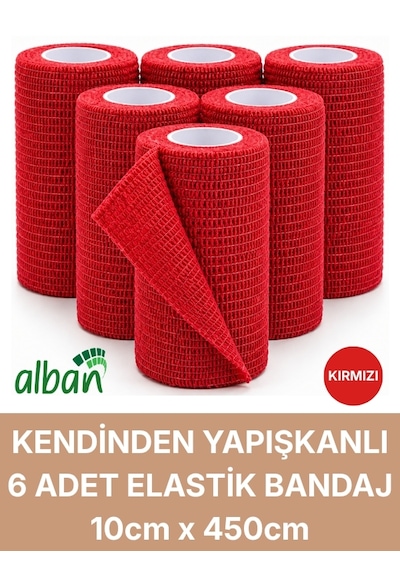 10cm 6'lı Set Kendinden Yapışkanlı Elastik Bandaj, Kohesiv Bandaj 10cm X 4.5m Spor, Bilek, Ayak Bileği, Veteriner Bandajı Kırmızı