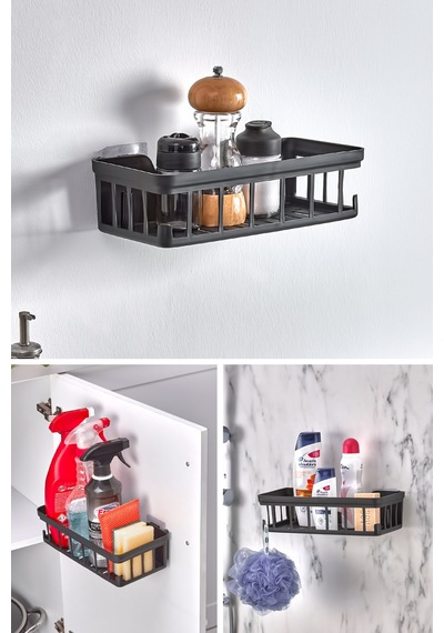 Yapışkanlı Şampuanlık - Banyo & Duş Düzenleyici Banyo Rafı - Sabunluk Organizer Antrasit Şeffaf