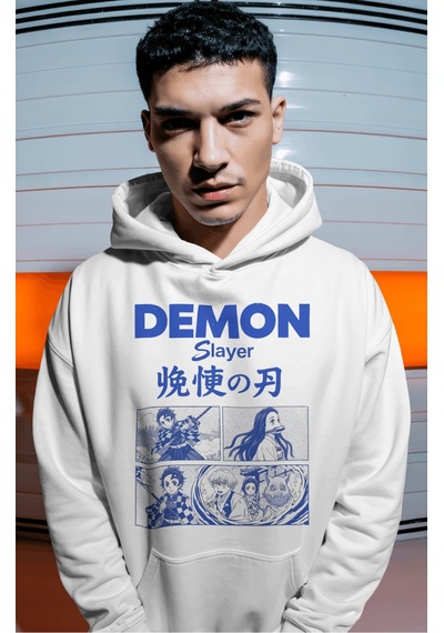 Sevbano Demon Slayer Anime Sırt Baskılı Unisex Oversize Premium Hoodie beyaz