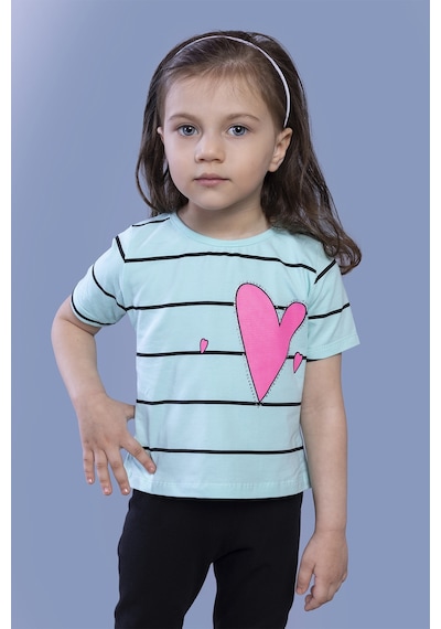 Toontoy Kids Toontoy Kız Çocuk Çizgli Kalp Baskılı Taş İşlemeli Tişört Su Yeşili