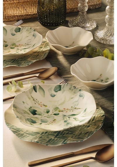 Blue Leafed 18 Parça 6 Kişilik Porselen Yemek Takımı -pasta , Çorba ,yemek , Servis Tabağı
