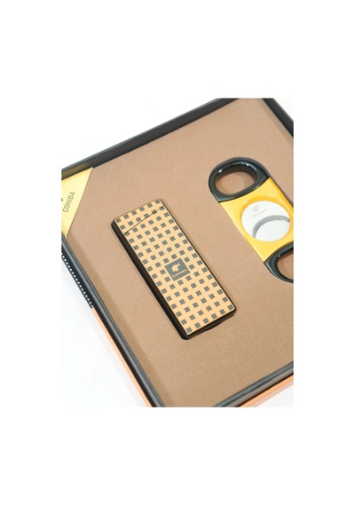 Cohiba Tek Torch Dama Desenli Çakmak Sarı Siyah Kesici İkili Puro Seti Tr9843