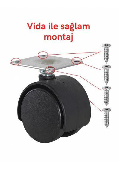 4'lü Set Kilitsiz 5cm Tekerlek Masa Dolap Taşıma Aparatı Tekeri Siyah 4 Adet