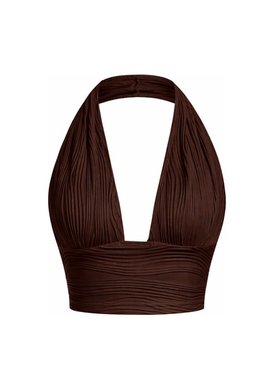 Wild Flower Elastanlı Halter Yaka Crop Dekolteli Bluz Acı Kahve