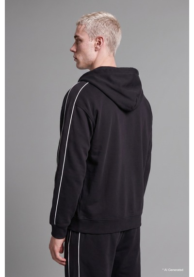 Defacto Boxy Fit Şerit Detaylı Kapüşonlu Fermuarlı Basic Sweatshirt Hırka H4428ax26aubk81 Siyah-bk81