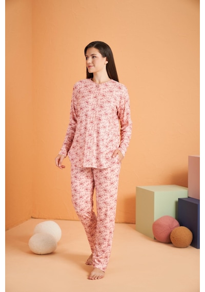 Pjs Kadın Düğmeli Yaka Çiçek Desenli Uzun Kollu Pijama Takım Pembe