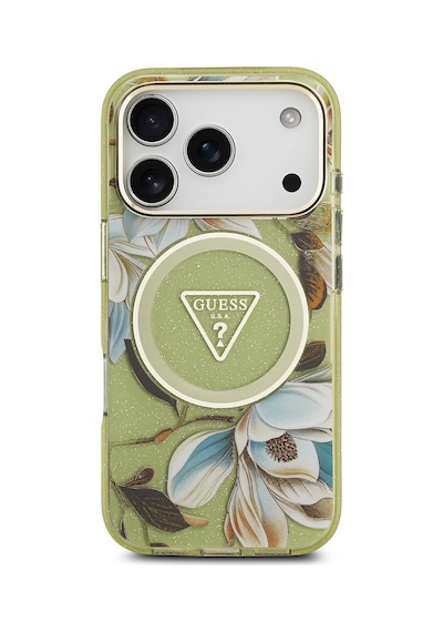 Apple Uyumlu iPhone 17 Pro Kılıf Guess Lisanslı M-safeli Simli Çiçek Desenli Metal Kamera Çerçeveli Kapak Yeşil Yeşil