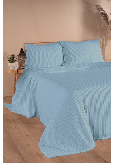 Tek Kişilik Saç Örgü Pike Seti Yatak Örtüsü Takımı 1 Adet Yastık Kılıfı 160 X 220 Cm Mavi