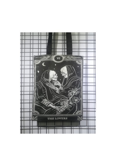 Owl Bag Gotik Tarz The Lovers Desenli Tasarım Kumaş Omuz Çantası Beyaz
