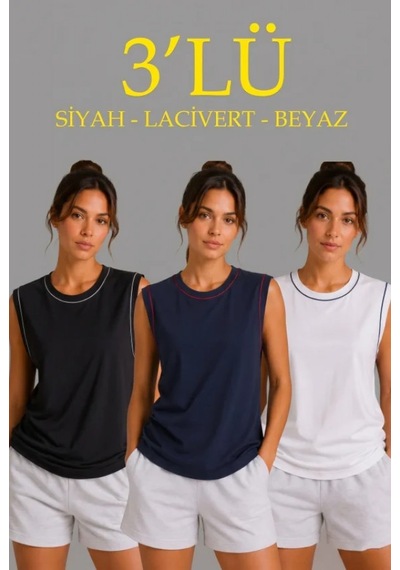 Efnaz Style 3 Lü Kolsuz Sporcu Atlet Seti Yazlık Bisiklet Yaka - Siyah, Lacivert, Beyaz Çok Renkli
