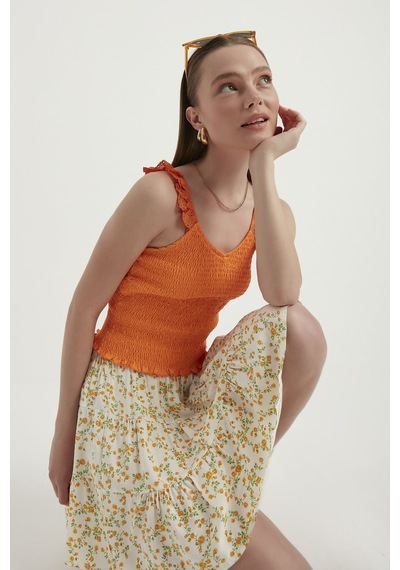 Hiccup V Yaka Fermuarlı Crop Top Turuncu