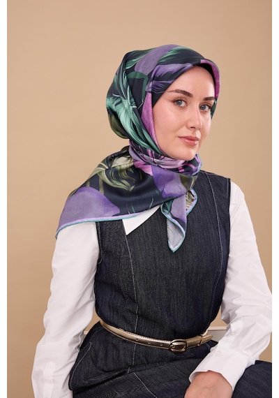 Silk Home Twill İpek Eşarp - 11480-70 Mor Yeşil Çok Renkli